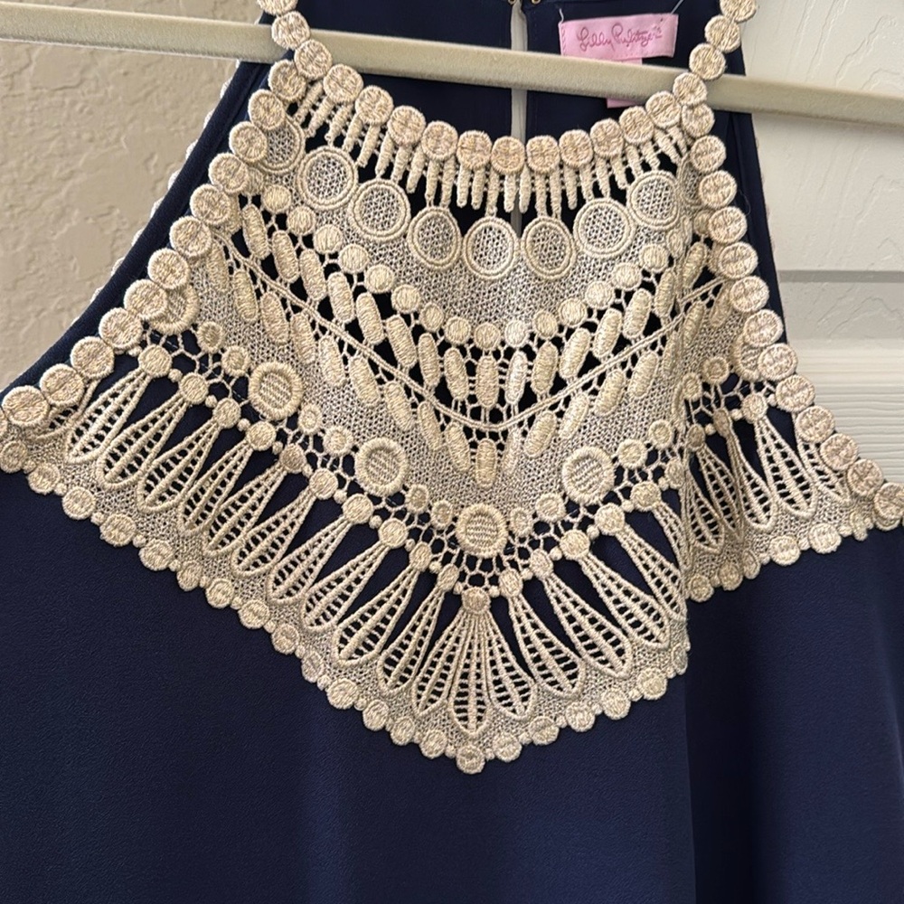 Lilly Pulitzer navy dress with Cream Crochet Detail